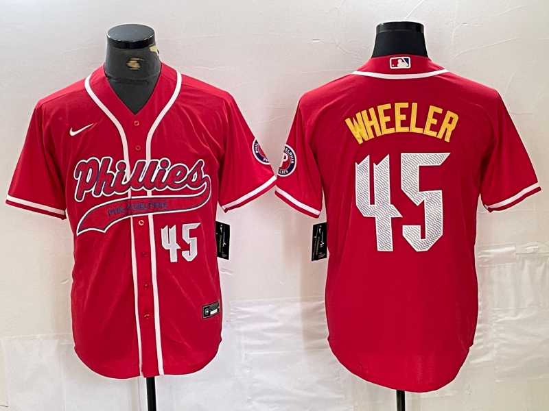 Men%27s Philadelphia Phillies #45 Zack Wheeler Number Red Cool Base Stitched Baseball Jersey->philadelphia phillies->MLB Jersey